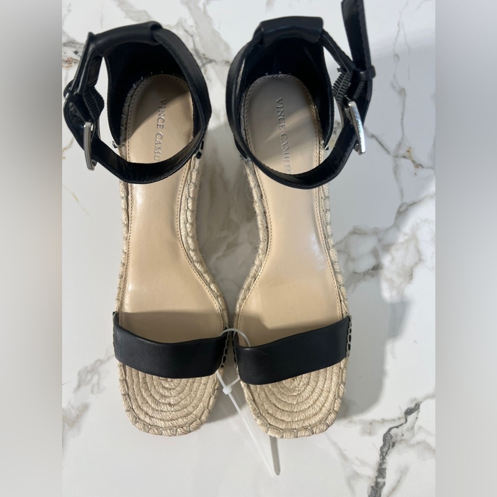 Vince Camuto Women's Meddrina Espadrille Wedge Sandal Black Leather Size 11